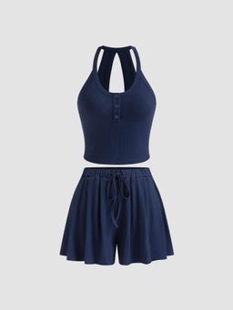 Cider - Round Neckline Cut Out Button Top With Mid Rise Knotted Shorts Set