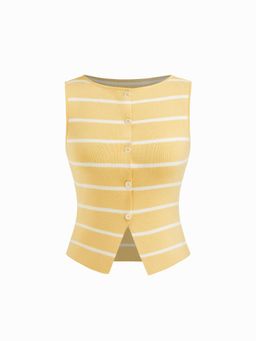 Cider - Knit Boat Neck Striped Button Split Vest Top