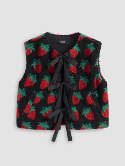Cider - Fleece Round Neckline Strawberry Tie Front Bowknot Vest Jacket