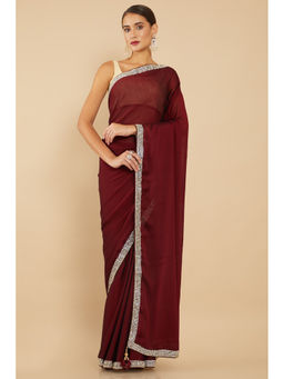 Soch - Maroon Pure Georgette Solid Embellished Saree with Unstitched