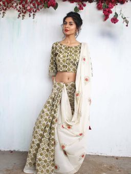 Chidiyaa - Olive Garden Handblockprinted Cotton Saree