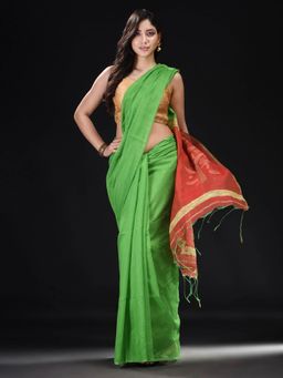 Beatitude - Green Slub Cotton Woven Saree with Unstitched Blouse