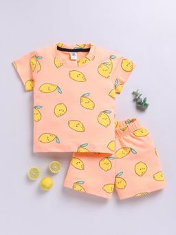 Clt.s - Orange Printed Short Sleeves T-Shirt and Shorts (Set of 2)