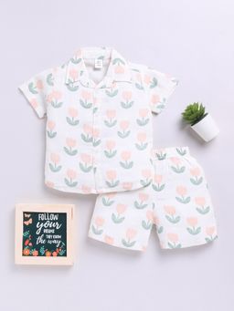 Clt.s - Off White Floral Short Sleeves Shirt and Shorts (Set of 2)