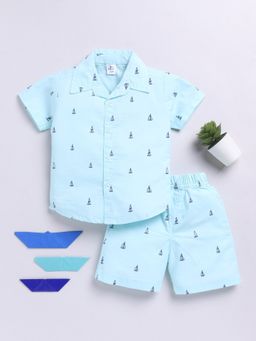 Clt.s - Blue Printed Short Sleeves Shirt and Shorts (Set of 2)