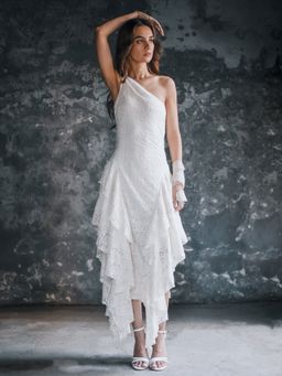 Contemponari - White Embroidered Ara Maris Midi Dress
