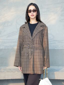 Contemponari - Womens Poseidon Checks Brown Coat with Belt