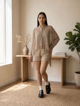 Contemponari - Brown Printed Kaftan Shirt with Shorts and Inner