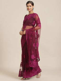 Odette - Purple Floral Embroidered Net Saree with Unstitched Blouse