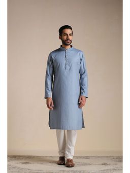 Manyavar - Grey Cotton Solid Kurta with Pencil Pajama (Set of 2)