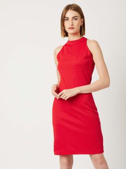 Miss Chase - Women's Red Sleeveless Solid Bodycon Knee Length Dress