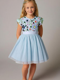 CHERRY CRUMBLE BY NITT HYMAN - Sky Blue Party Wear Sequin & Beads Girls Summer Dress