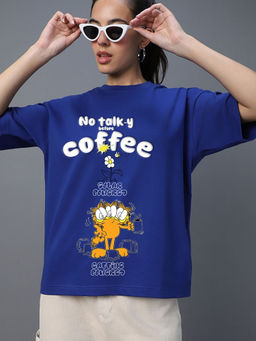 Bewakoof - Heavy Duty 1.0 Garfield Women's Blue Coffee Lover Graphic Printed Oversized T-shirt