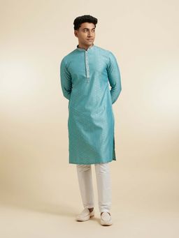 Diwas by Manyavar - Men Blue Blended Viscose Self Design Kurta and Pyjama