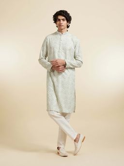 Diwas by Manyavar - Men Green Blended Cotton Sequin Work Kurta and Pyjama