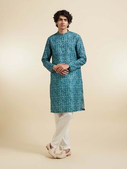 Diwas by Manyavar - Men Blue Blended Cotton Printed Kurta and Pyjama
