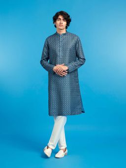 Diwas by Manyavar - Men Blue Blended Cotton Printed Kurta and Pyjama