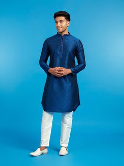 Diwas by Manyavar - Men Blue Art Silk Self Design Kurta and Pyjama