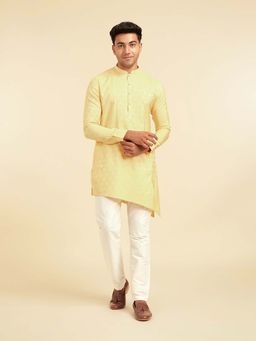 Diwas by Manyavar - Men Yellow Blended Viscose Self Design Kurta and Pyjama