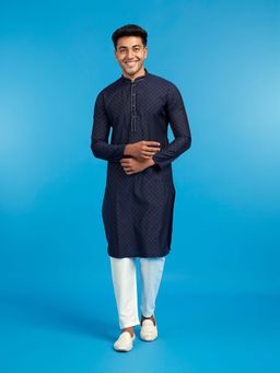 Diwas by Manyavar - Men Blue Blended Viscose Embroidery Kurta and Pyjama
