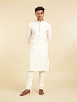 Diwas by Manyavar - Men Cream Blended Cotton Sequin Work Kurta and Pyjama