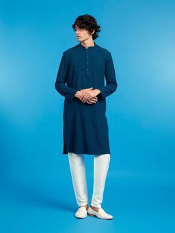 Diwas by Manyavar - Men Blue Spandex Self Design Kurta and Pyjama