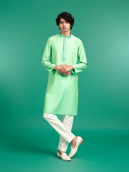 Diwas by Manyavar - Men Green Art Silk Solid Kurta and Pyjama