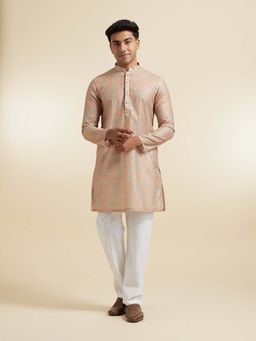 Diwas by Manyavar - Men Beige Embroidered Fawn Kurta Pyjama