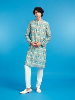 Diwas by Manyavar - Men Blue Art Silk Printed Kurta and Pyjama