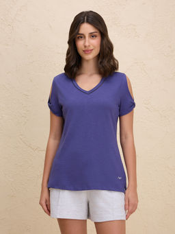 Nykd by Nykaa - Summer Essential Super Comfy Relaxed V Neck Slub Cotton Tee NYLE513 Blue