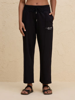 Nykd by Nykaa - Smocked Waist Cotton French Terry Straight Lounge Pants NYLE604 Jet Black