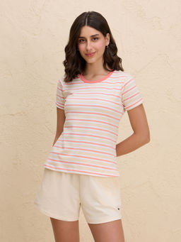 Nykd by Nykaa - Breathable Cotton Tee with 2 Degree Cooling Tech NYLE605 Orange White Stripe