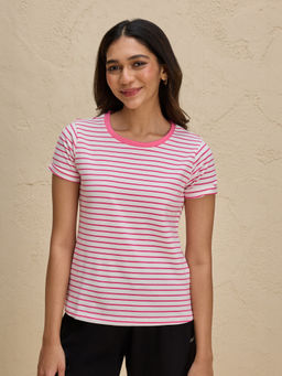 Nykd by Nykaa - Breathable Cotton Tee with 2 Degree Cooling Tech NYLE605 Pink White Stripe