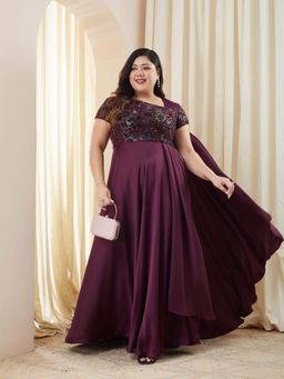 Miss Chase - Plus Size Women's Purple Asymmetric Draped Gown