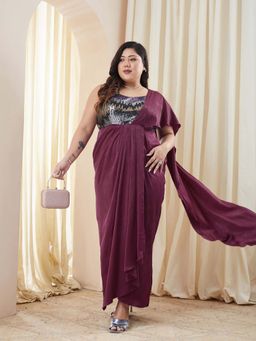 Miss Chase - Plus Size Women's Wine Embellished Gown