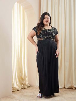 Miss Chase - Plus Size Women's Black Embellished Draped Gown