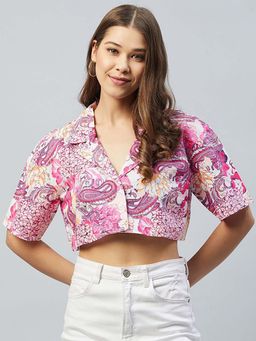DELAN - Women Paisley Print Cotton Linen Shirt