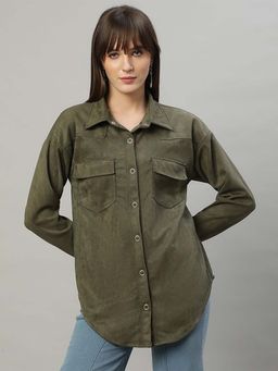 DELAN - Women Olive Oversized Opaque Casual Shirt
