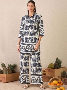 DELAN - Women's Cotton Linen Indigo Mosaic Co-Ord Set