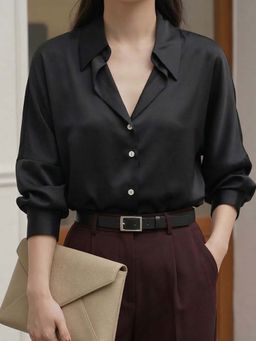 DELAN - Women's Black Luxe Satin Button-Down Shirt
