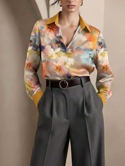 DELAN - Women's Mustard Luxe Printed Satin Button-Down Shirt