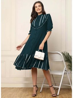 Deebaco - Teal Blue Solid Women's Tiered Shirt Dress