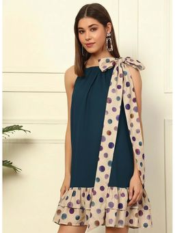 Deebaco - Women Teal Blue Halter Neck Sleeveless A-Line Dress