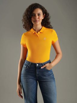 Tommy Hilfiger - Women Mustard Solid Slim Fit Cotton Polo T-Shirt