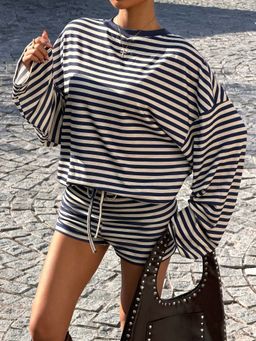 Outzidr - Navy Blue Striped Top and Shorts Set