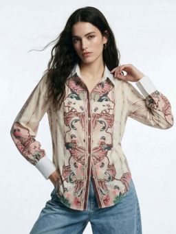 Outzidr - Beige Placement Printed Collared Button Down Shirt