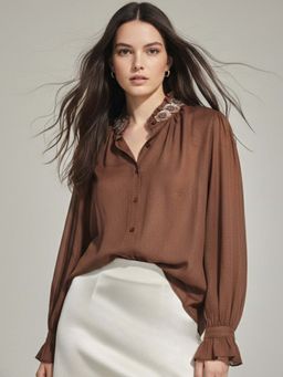 Outzidr - Brown Partywear Embellished Floral Applique Shirt