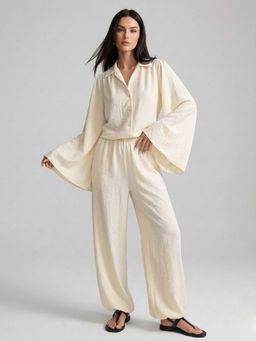Outzidr - Cream Bell Sleeve Collared Co-Ord Set