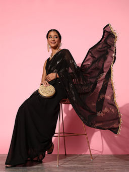 Odette - Black Sequence Embroidered Georgette Saree with Unstitched Blouse