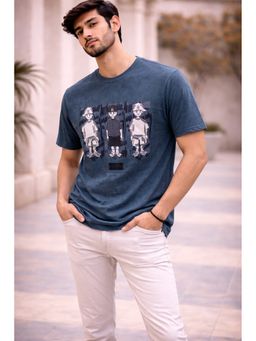 Parcel Yard - Printed Cotton Round Neck Soft And Breathable Teal T-Shirt